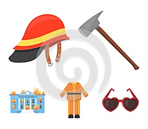 Ax, helmet, uniform, burning building. Fire departmentset set collection icons in cartoon style vector symbol stock