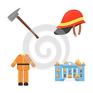 Ax, helmet, uniform, burning building. Fire departmentset set collection icons in cartoon style vector symbol stock