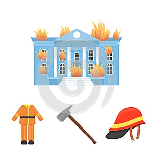 Ax, helmet, uniform, burning building. Fire departmentset set collection icons in cartoon style vector symbol stock