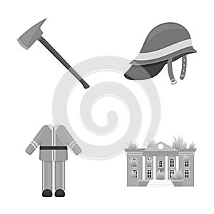 Ax, helmet, uniform, burning building. Fire departmentset set collection icons in monochrome style vector symbol stock
