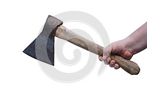 The ax in his hand. a man`s hand holds an axe. isolated