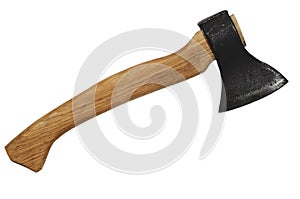Ax with oak handle on a white