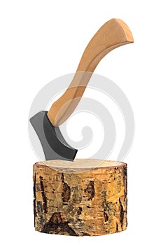 Ax stuck in a stump isolated on white