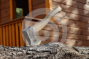 an ax stuck in a tree trunk.