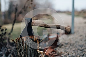 ax in the stump firewood for a fire outdoors close-up