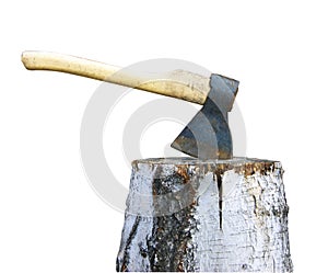 Axe and birch log on white