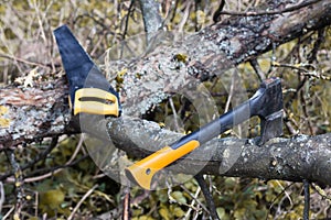 An axe and chainsaw