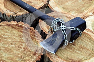 The axe for chopping wood is wrapped in a chain around
