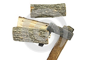Axe cuts log. Firewood isolated on white. Oak Log Isolated on a white.