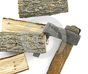 Axe cuts log. Firewood isolated on white. Oak Log Isolated on a white.