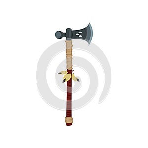 Axe with feathers, weapon of native American Indian vector Illustrationon a white background