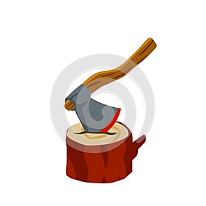 Axe with log. Felling and cutting of wood. Firewood harvesting and hiking.