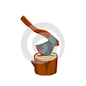 Axe with log. Felling and cutting of wood. Firewood harvesting and hiking.