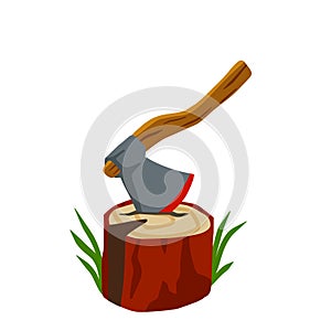 Axe with log. Felling and cutting of wood. Firewood harvesting and hiking.