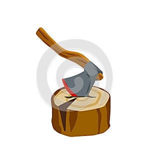 Axe with log. Felling and cutting of wood. Firewood harvesting and hiking.