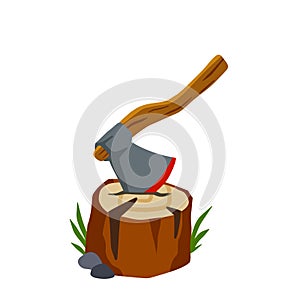 Axe with log. Felling and cutting of wood. Firewood harvesting and hiking.