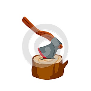 Axe with log. Felling and cutting of wood. Firewood harvesting and hiking.