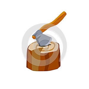 Axe with log. Felling and cutting of wood. Firewood harvesting and hiking.