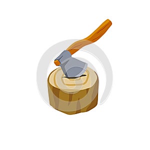 Axe with log. Felling and cutting of wood. Firewood harvesting and hiking.