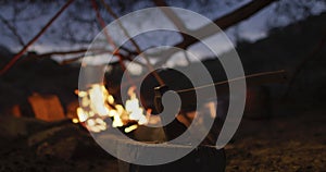 Axe in log in front of roaring campfire in evening at survivalist camp in wilderness