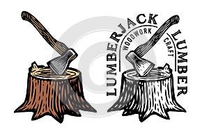 Axe, Lumberjack, Wood Logging emblem or badge. Ax sticking in stump. Woodwork, timber symbol vector illustration