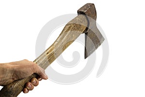 Axe old, rusty in hand isolated on white background