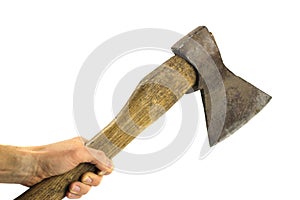 Axe old, rusty in hand isolated on white background