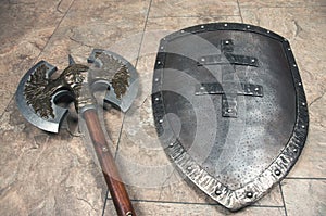 Axe and shield close up