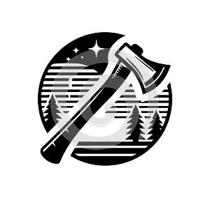 Stylish black and white axe logo with mountain scene.