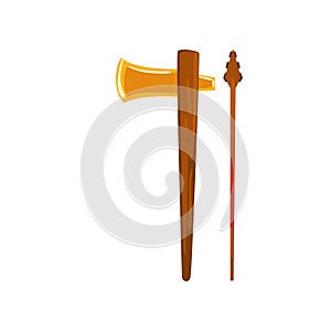 Axe and spear, Maya civilization weapon, American tribal culture element vector Illustration on a white background