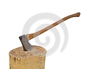 Axe in a stump chopping wood isolated