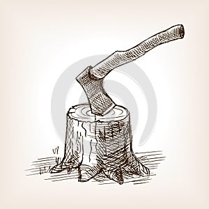 Axe in the stump hand drawn sketch style vector