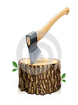 Axe with stump. Manual tool for chop wood