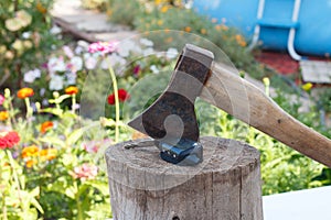 Axe stump wooden deck keychain with car keys and alarm system