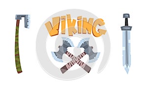 Axe and sword, ancient weapon of viking cartoon vector illustration
