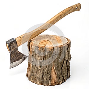Axe in Tree Stump isolated on white background