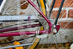 Axel and spoke section close-up of bicycle wheel in a cycle work