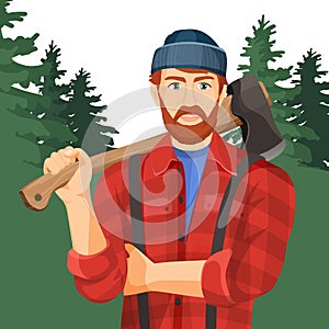 Axeman with axe in forest. Lumberman with element for woodworking