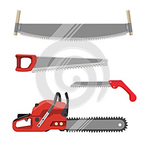 Axeman instruments set. Hand saws carpentry tools for sawing products