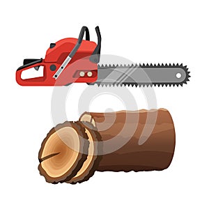 Axeman saw and stump isolated on white background. Gas chainsaw