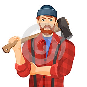 Axeman with wooden axe isolated on white background. Lumberman