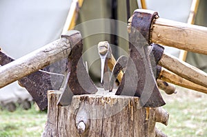 Axes in stump photo