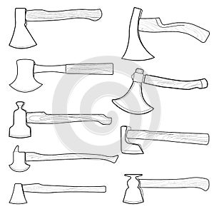 Axes with wooden handles line isolated on white background. Vect