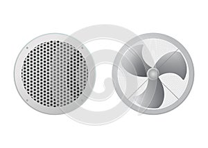 Axial flow fan and round ventilation grille.