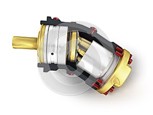 Axial piston hydraulic engine is gold in front 3d render on whit