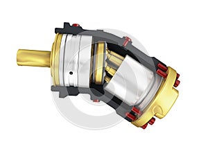 Axial piston hydraulic engine is gold in front 3d render on whit