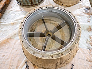 Axial propeller pump. Direction blades in axial hydrodynamic pump inlet