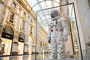 Axiom Prada space suit on display in Milan, Italy. The Axiom Extravehicular Mobility Unit, AxEMU, the spacesuit designed in photo