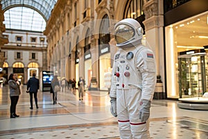 Axiom Prada space suit on display in Milan, Italy. The Axiom Extravehicular Mobility Unit, AxEMU, the spacesuit designed in photo