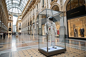 Axiom Prada space suit on display in Milan, Italy. The Axiom Extravehicular Mobility Unit, AxEMU, the spacesuit designed in photo